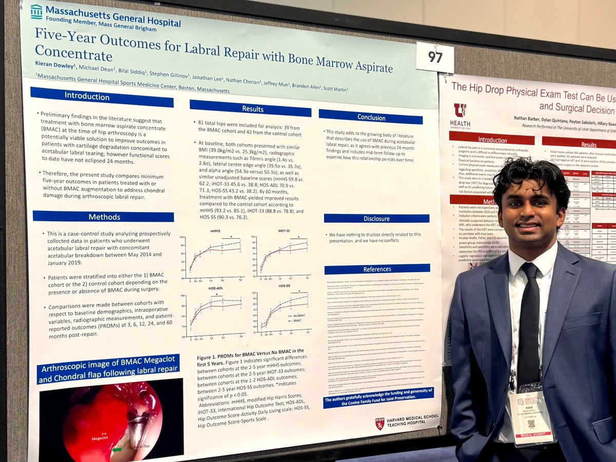 Congratulations to our research team who presented 5 projects, including our promising long-term data on hip labral repair with bone marrow aspirate concentrate, at the <a href="/aossm1972/">AOSSM</a> 2025 annual meeting in Nashville, TN! #aossm2025 #orthotwitter