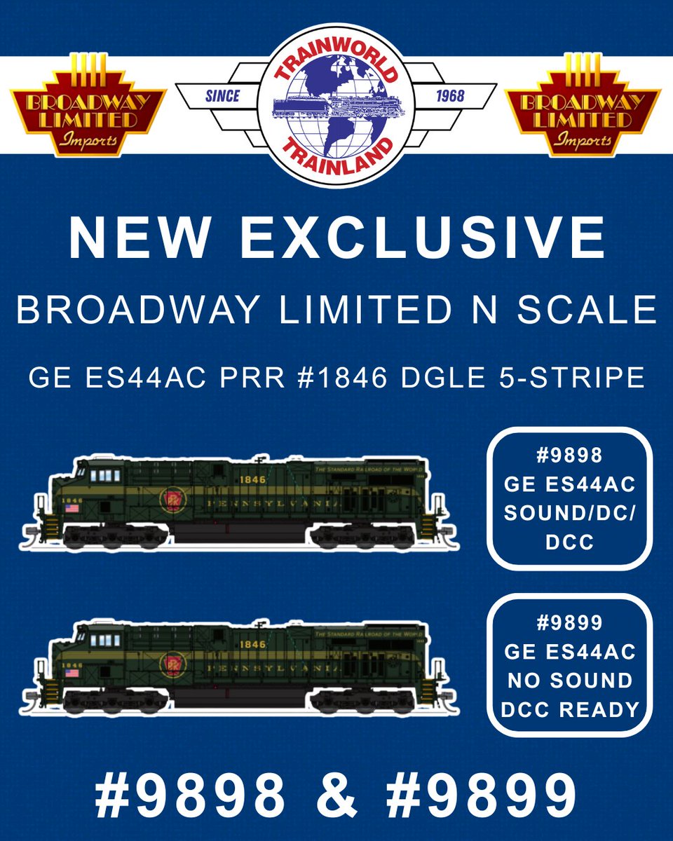 TrainWorld.com (@trainworld) on Twitter photo TrainWorld New Exclusive Announcement! 🚂
<a href="/BLITrains/">Broadway Ltd Imports</a> N Scale GE ES44AC PRR 1846 DGLE 5-Stripe!
Item Number: 9898 - Sound/DC/DCC
Item Number: 9899 - No Sound/DCC Ready
Order Now: trainworld.com/catalogsearch/…
#trains #train #modeltrain #modelrailroad #railfans TrainWorld New Exclusive Announcement! 🚂
<a href="/BLITrains/">Broadway Ltd Imports</a> N Scale GE ES44AC PRR 1846 DGLE 5-Stripe!
Item Number: 9898 - Sound/DC/DCC
Item Number: 9899 - No Sound/DCC Ready
Order Now: trainworld.com/catalogsearch/…
#trains #train #modeltrain #modelrailroad #railfans