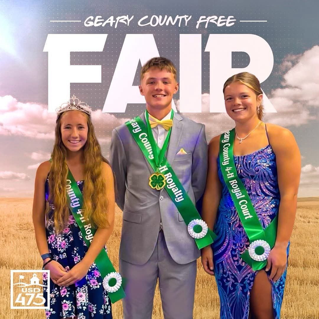 💙 A special shout out to Junction City High School USD 475 FFA Chapter standouts Brittney Dibben, Grady Oentrich and Morgan Nabus on being crowned king and queen royalty at the Geary County Free Fair on Thursday. #ThriveIn475