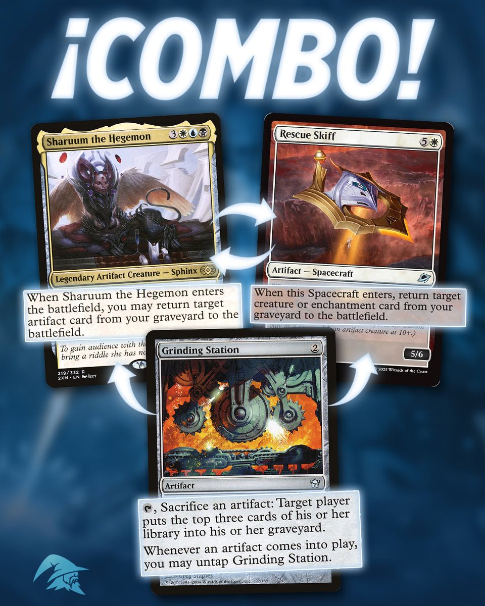 MagicBarcelona_'s tweet image. 🚀 ¡Este nuevo combo aterriza a tu mesa gracias a una nueva Astronave de #MTGEdgeOfEternities!
Se trata de un combo sencillo por el que solo necesitas tener Grinding Station en campo enderezada, Sharuum the Hegemon o Rescue Skiff en la mano (o zona de comandante) y la otra carta…
