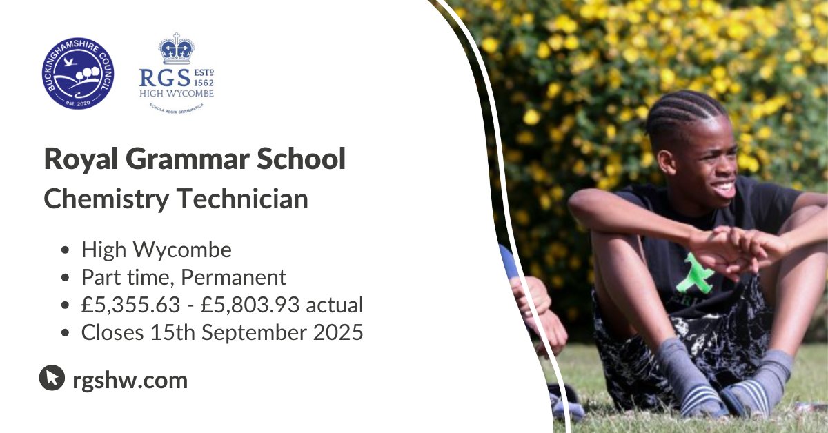 The Royal Grammar School has an opportunity ideal for someone looking to return to work on a restricted hours basis or simply seeking a rewarding part-time position within the Chemistry team. More: ow.ly/79hG50WrSmV 

#Chemistry #SchoolTechnician #SupportJobs #Education