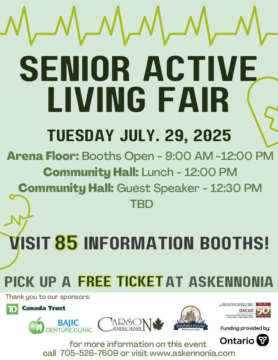 TheOACAO's tweet image. ๐ Donโt miss the next Senior Active Living Fair on July 29 in Midland ON!
โ
85+ booths
โ
FREE lunch
โ
Guest speaker
๐๏ธ Free tickets at Askennonia Seniors Centre
More info ๐ askennonia.com | ๐ 705-526-7609
#SeniorsFair #ActiveLiving #OACAO #OntarioSupportsSeniors