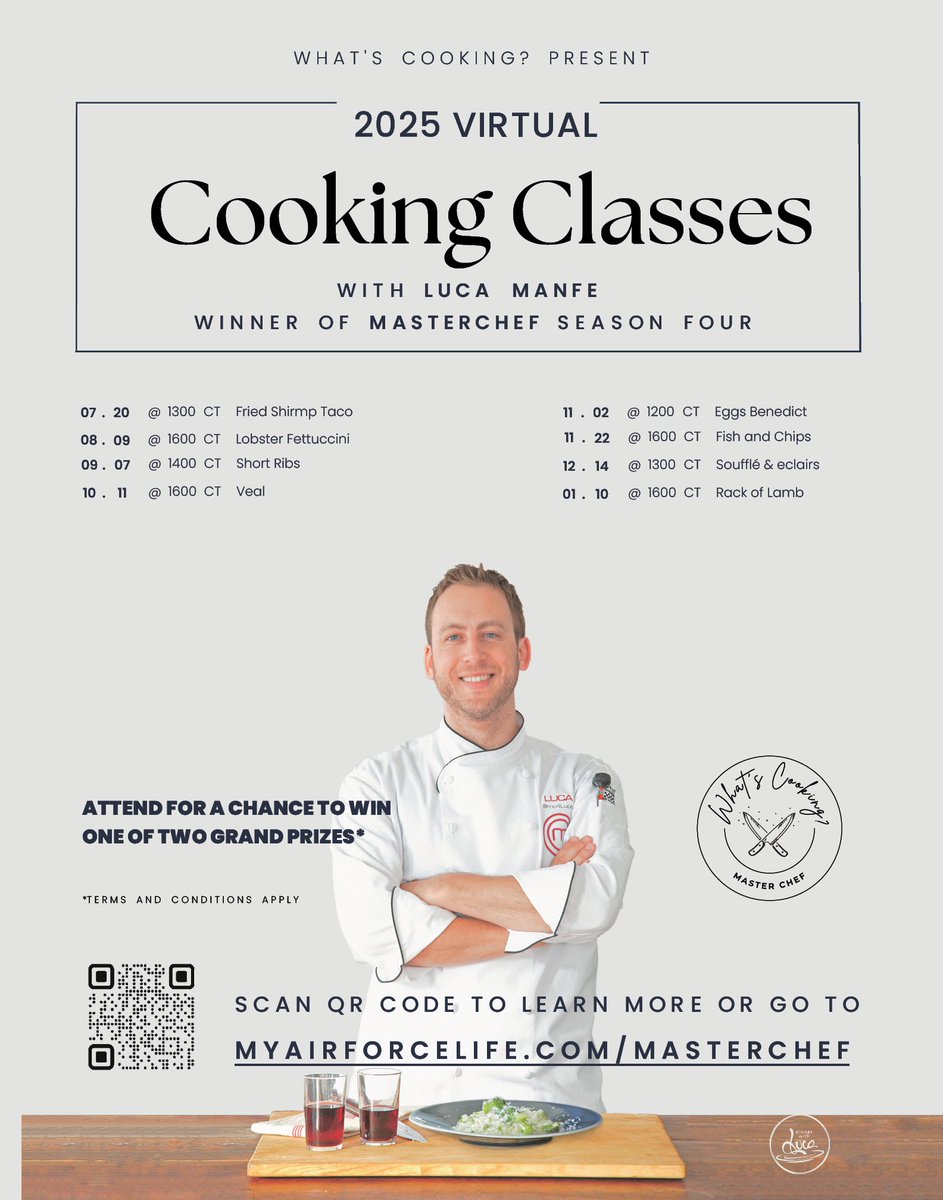 🔥 Hurry, #TeamKirtland! Next #CookingClass starts in just 2 days!

Please visit myairforcelife.com/masterchef for full details
OR scan the QR code!

#MasterChef #377FSS #KirtlandForceSupport