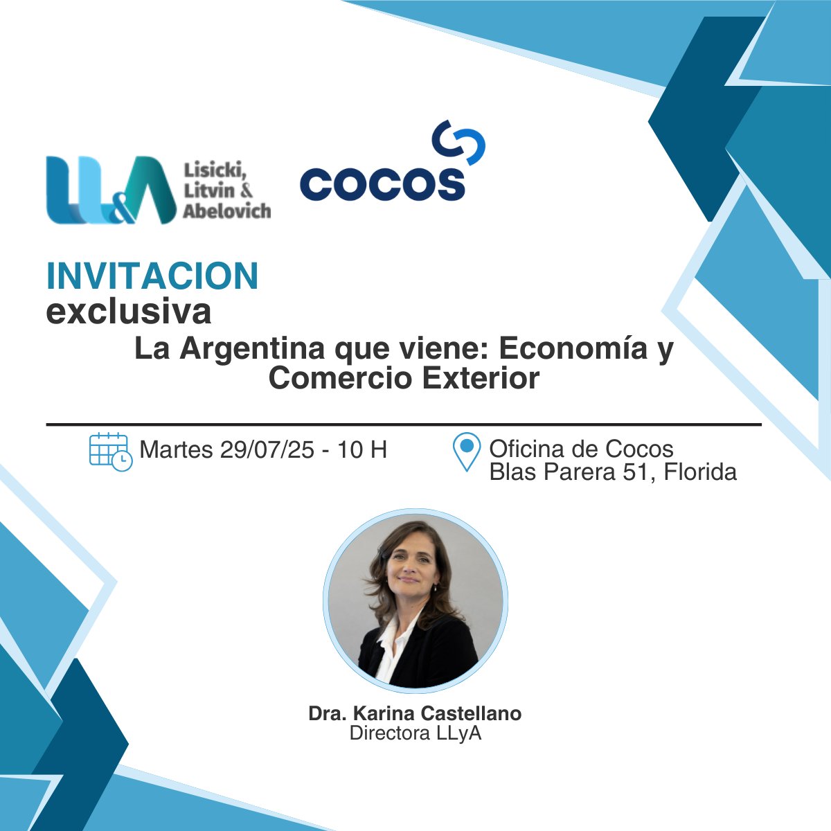 📣Evento | La Argentina que viene: economía y comercio exterior 

🗓️Los invitamos a participar de este nuevo evento organizado por Lisicki Litvin &amp; Abelovich junto a <a href="/cocoscap/">COCOS</a>, el 29/07, a partir de las 10 h, en Blas Parera 51, Florida, Provincia de Buenos Aires. 

🌟Disertará la