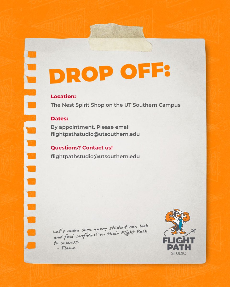 UT_Southern's tweet image. We are excited to launch the first ever #FlightPathStudio at UT Southern! 🌟 As part of our Career Development Office, Flight Path Studio is located right here on campus to help our Firehawks dress for success and network in style!