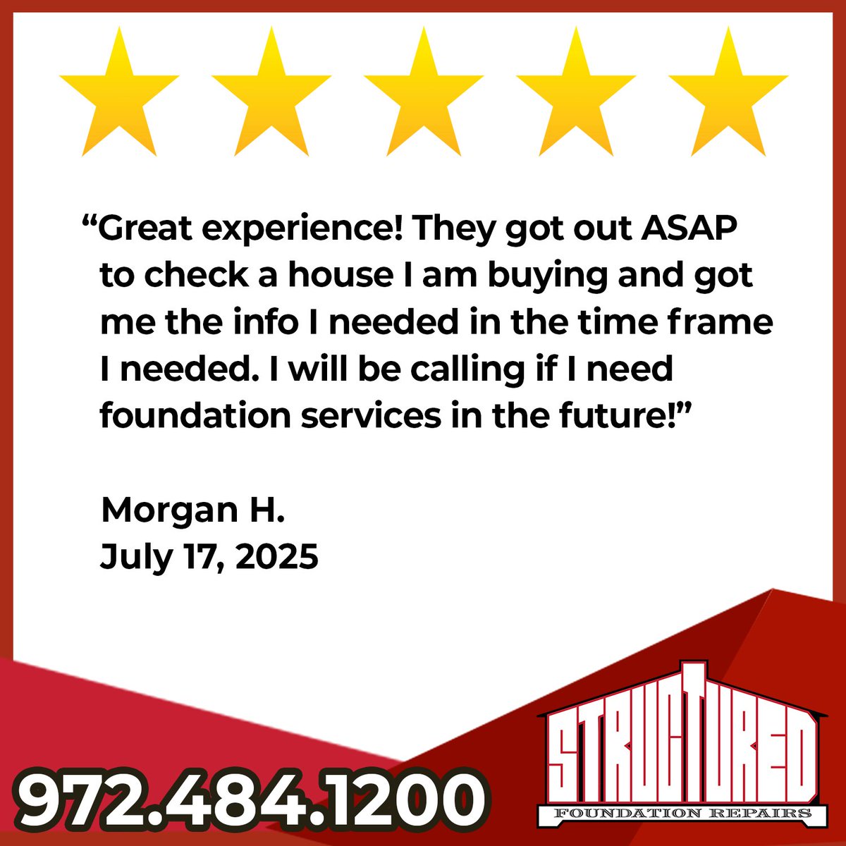 It's 5-Star Friday! Check out this recent 5-star review from Morgan H. Thank you, Morgan, for sharing your experience with Structured!  

#5starFriday #CustomerReview #FoundationRepair #NorthTexas #DFW