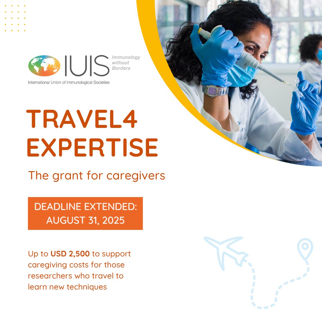 iuis_online's tweet image. 📣 Deadline extended!
The IUIS #Travel4Expertise Grant—led by the #GenderEquityCommittee—is now open until 31 Aug 2025.
Get up to USD 2,500 to support caregiving costs while you travel for hands-on training.
🔗 loom.ly/en-kO9s
#GlobalImmunology #ImmunologyWithoutBorders