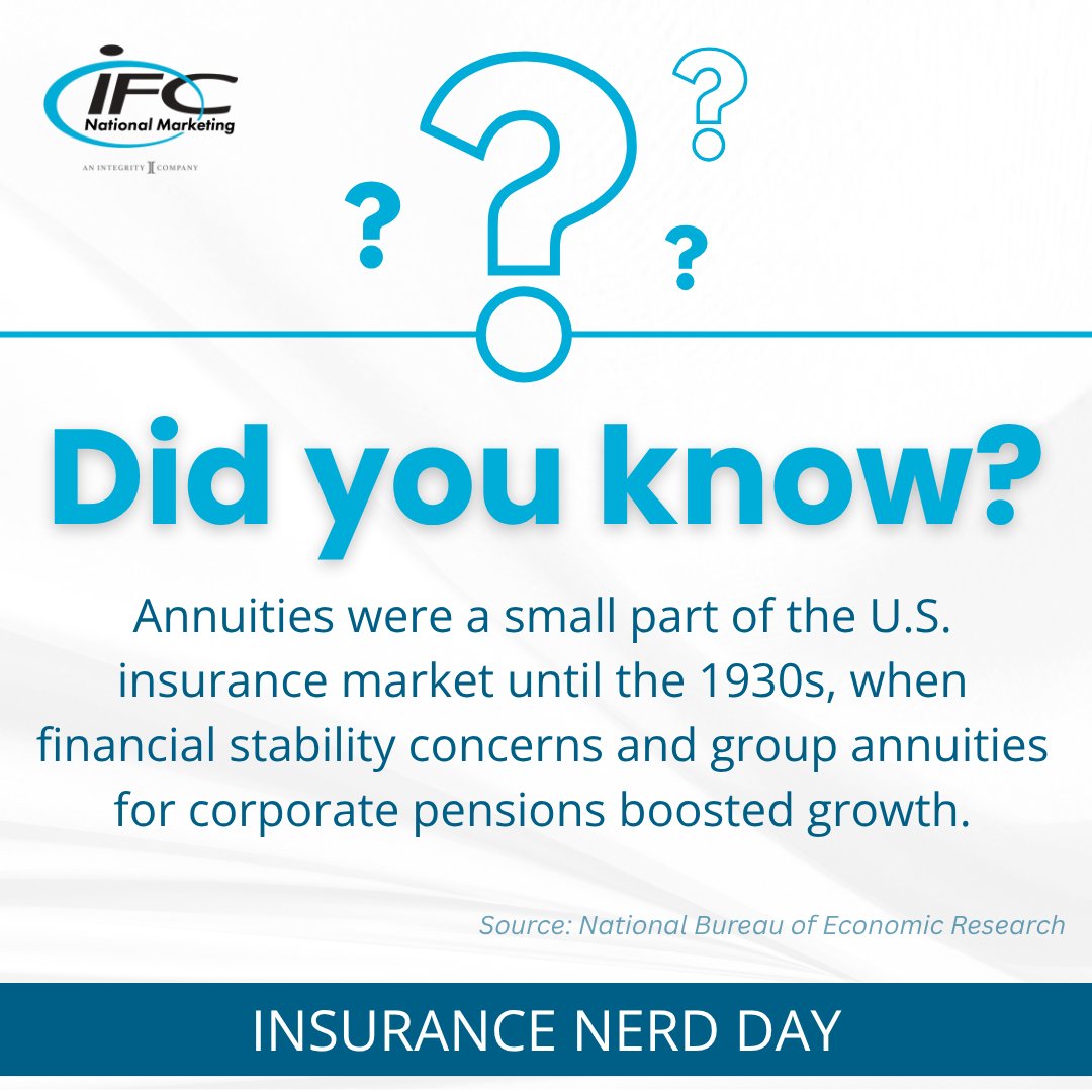 poweredbyIFC's tweet image. Here we go again with another #InsuranceNerdDay fact: Annuities stayed small until the 1930s, when financial concerns and corporate pension plans helped them gain traction.

Agents: What’s the most common annuity question you get? Drop it in the comments!

#AdvisorInsights