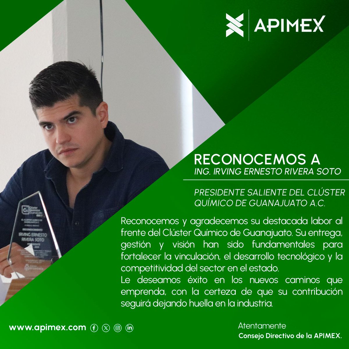 APIMEX (@apimex_org) on Twitter photo Gracias por tu liderazgo, Ing. Irving Rivera.
Desde APIMEX reconocemos tu valiosa labor al frente del <a href="/ClusterQuimico/">Clúster Químico Guanajuato</a> . 👏🏼
¡Tu contribución seguirá dejando huella en la industria! Gracias por tu liderazgo, Ing. Irving Rivera.
Desde APIMEX reconocemos tu valiosa labor al frente del <a href="/ClusterQuimico/">Clúster Químico Guanajuato</a> . 👏🏼
¡Tu contribución seguirá dejando huella en la industria!