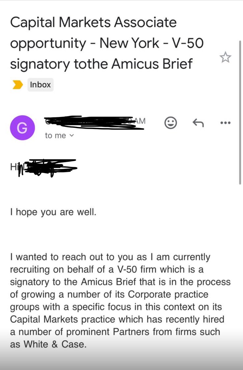 kshahrooz's tweet image. A friend in the NY legal market shared this with me.
Legal recruiters are explicitly emphasizing that the firm they're recruiting for signed the anti-Trump amicus.
Hopefully firms like Paul Weiss & Skadden which capitulated to Trump will struggle to recruit top talent.