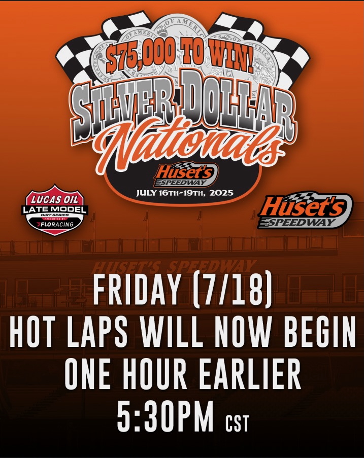 ‼️ 𝗔𝗧𝗧𝗘𝗡𝗧𝗜𝗢𝗡 ‼️

𝗛𝗼𝘁 𝗟𝗮𝗽𝘀 <a href="/HusetsSpeedway/">Huset's Speedway</a> for 𝗡𝗶𝗴𝗵𝘁 𝟮 of the 𝟭𝟱𝘁𝗵 𝗔𝗻𝗻𝘂𝗮𝗹 #𝗦𝗶𝗹𝘃𝗲𝗿𝗗𝗼𝗹𝗹𝗮𝗿𝗡𝗮𝘁𝗶𝗼𝗻𝗮𝗹𝘀 presented by <a href="/MyRacePass/">MyRacePass</a> 𝘄𝗶𝗹𝗹 𝗻𝗼𝘄 𝗯𝗲𝗴𝗶𝗻 𝗼𝗻𝗲 𝗵𝗼𝘂𝗿 𝗲𝗮𝗿𝗹𝗶𝗲𝗿 (𝟱:𝟯𝟬𝗣𝗠 𝗖𝗦𝗧)!

𝗝𝘂𝗹𝘆 𝟭𝟴𝘁𝗵 |