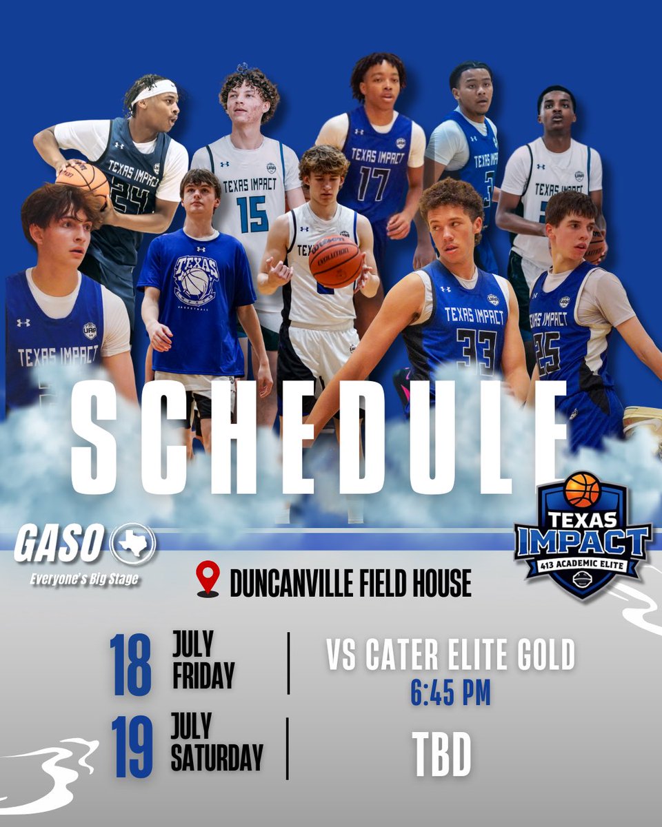 Our 17u final event will be at <a href="/TexasHoopsGASO/">TexasHoops/GASO 🔗</a> Summer Finale. Looking forward to finishing the summer strong! 
#TIFAM #KAIZEN <a href="/Texasimpact413/">Texas Impact 4:13</a> 

1st game today at 6:45pm vs Carter Elite Gold, Duncanville Field-house Green Court 1
<a href="/GASOMass/">Ryan Massad 🔎</a> <a href="/GASOLyndon/">Lyndon Cook 🔗</a> <a href="/iFilmHoopers/">Michael Timmins</a>