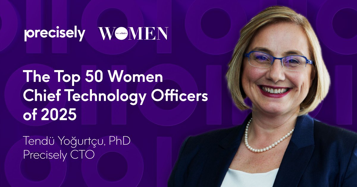 Precisely (@preciselydata) on Twitter photo Our CTO, Tendü Yogurtçu, PhD, has been named one of the "Top 50 Women Chief Technology Officers of 2025" by Women We Admire!
Join us in celebrating Tendü's incredible achievement and her inspiring dedication to tech innovation!
okt.to/p8YIOU
#WomenInTech #CTO Our CTO, Tendü Yogurtçu, PhD, has been named one of the "Top 50 Women Chief Technology Officers of 2025" by Women We Admire!
Join us in celebrating Tendü's incredible achievement and her inspiring dedication to tech innovation!
okt.to/p8YIOU
#WomenInTech #CTO