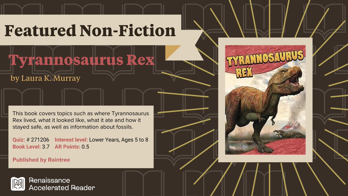 AccReader's tweet image. Are your students fascinated with dinosaurs?
Or perhaps they’re really interested in the T-Rex, the most ferocious dinosaur we’ve heard of! 🦖
@LauraMurrayBook’s Tyrannosaurus Rex explores its life, what it looked like, its food and how it stayed safe while making fossils and…