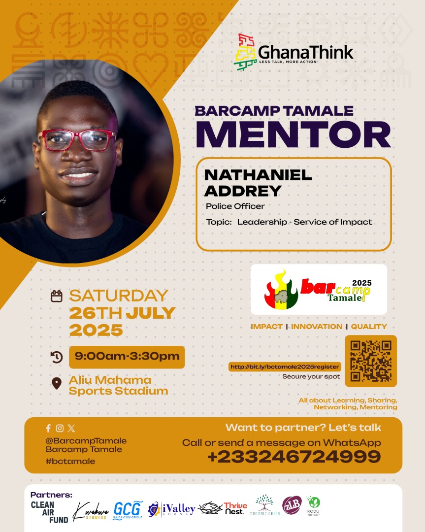 Barcamp Tamale #bctamale (@barcamptamale) on Twitter photo Join #BarcampTamale on July 26 in Tamale: #learning, #sharing, #networking & #mentoring.
Register: bit.ly/bctamale2025re…
#bctamale mentor: <a href="/NathanielAddrey/">CFCCountDownCWC2029</a> | Police Officer | Leadership - Service of Impact
<a href="/efuabeduwa/">Saraswati Arthur</a> <a href="/akyherb/">H K Y A</a> <a href="/CCTetteh/">Courage Christson Tetteh | #Bookseller 🇬🇭</a> <a href="/HafsaIsma/">Hafsat Yurizaa</a> <a href="/MarteySimeon/">Simeon Martey Kwawununu</a> <a href="/PlasmaDray/">Noah Alorwu</a> Join #BarcampTamale on July 26 in Tamale: #learning, #sharing, #networking & #mentoring.
Register: bit.ly/bctamale2025re…
#bctamale mentor: <a href="/NathanielAddrey/">CFCCountDownCWC2029</a> | Police Officer | Leadership - Service of Impact
<a href="/efuabeduwa/">Saraswati Arthur</a> <a href="/akyherb/">H K Y A</a> <a href="/CCTetteh/">Courage Christson Tetteh | #Bookseller 🇬🇭</a> <a href="/HafsaIsma/">Hafsat Yurizaa</a> <a href="/MarteySimeon/">Simeon Martey Kwawununu</a> <a href="/PlasmaDray/">Noah Alorwu</a>