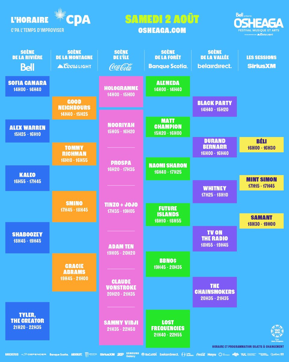 osheaga's tweet image. Voici toute l’info nécessaire pour organiser votre horaire OSHEAGA : votre programmation 2025, vos horaires par jour présentés par @CPAquebec et votre application mobile préférée 🎶🌼
Nouvel ajout à l’horaire : Luidji se joint à nous le vendredi 🩵
Pour des raisons hors de…