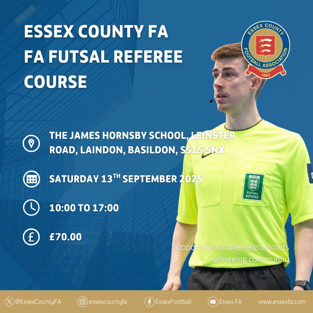 FA FUTSAL REFEREE COURSE | We will be delivering an upcoming FA Futsal Referee Course in September 2025 alongside <a href="/EnglandFutsal/">England Futsal</a>, <a href="/FAFutsalRefs/">FA Futsal Referees</a> and <a href="/Ukfutsalleagues/">UKFutsalleagues CIC</a>.

If you're interested in becoming a futsal referee or want to know more about refereeing futsal please email