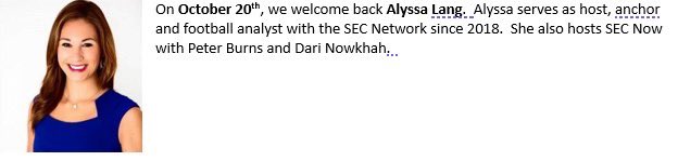 TDClubMemphis's tweet image. On October 20th, we welcome @SECNetwork host @AlyssaLang back to Memphis