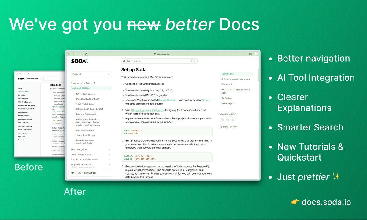 santiviquez's tweet image. The first thing users see isn’t the product. It’s the documentation.
That’s why we spent weeks planning, writing, and rewriting (again and again) to bring you the new Soda docs.
Huge kudos to everyone who helped make them better!
Take a look: docs.soda.io