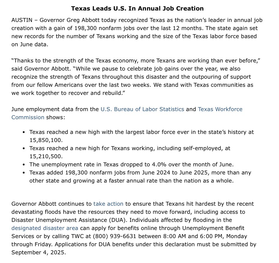 GregAbbott_TX's tweet image. Texas is America's jobs leader.
While we pause to celebrate jobs created, we also recognize the strength of Texans during this flooding disaster.
Impacted Texans can apply for Disaster Unemployment Assistance.
Call (800) 939-6631 or apply online apps.twc.texas.gov/UBS/security/l…