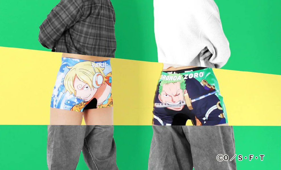 mossxcurly's tweet photo. someone should draw zosan like this (zoro wearing sanji’s underwear and sanji wearing zoro’s) https://t.co/y0pXfsLYMs