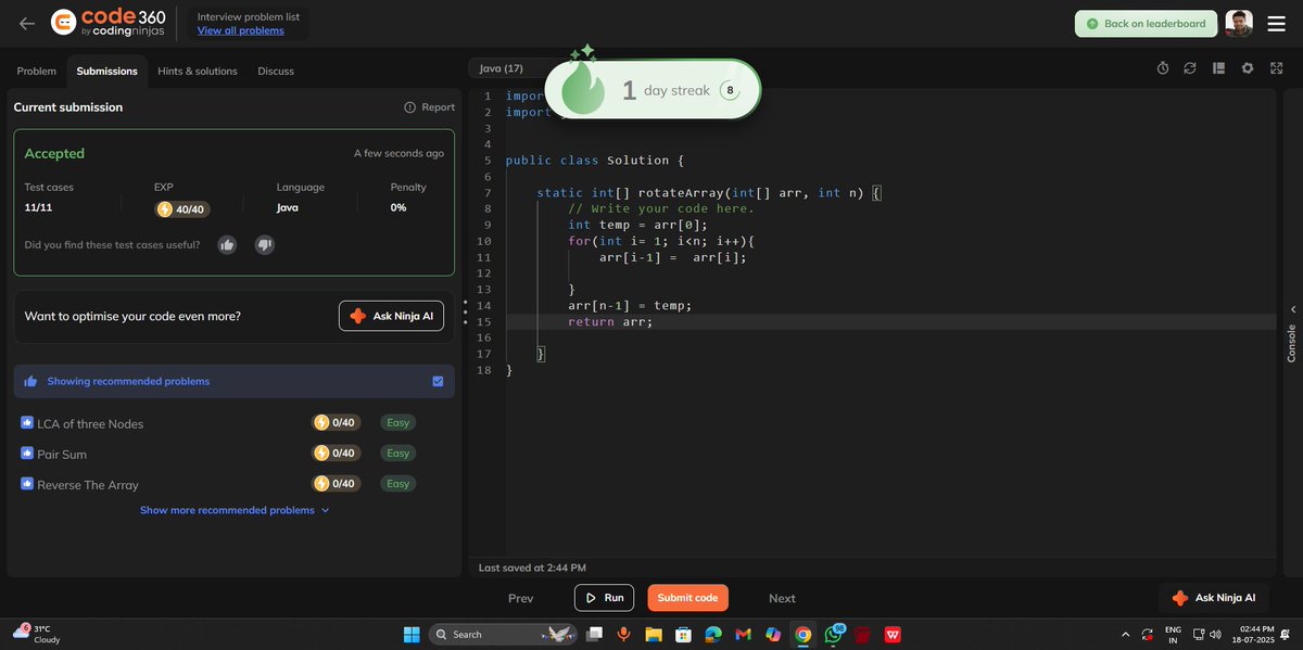 samrat21saha's tweet image. ✅ Day 18/90 of #DSAConsistency
Solved:
1️⃣ Rotate by 1 on  @CodingNinjasOff 
2️⃣ Rotate by k places on @LeetCode 
3️⃣ Linked List: Identical, Even/Odd, Print, Insert Mid, on GFG
#100DaysOfCode #JavaWithDSA #LeetCode #CodingNinjas #GFG #gfg160 #daily #consistency 
#geekstreak2025