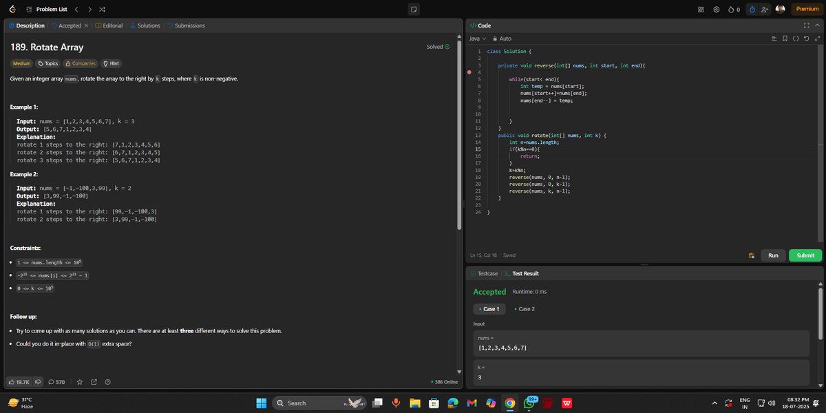 samrat21saha's tweet image. ✅ Day 18/90 of #DSAConsistency
Solved:
1️⃣ Rotate by 1 on  @CodingNinjasOff 
2️⃣ Rotate by k places on @LeetCode 
3️⃣ Linked List: Identical, Even/Odd, Print, Insert Mid, on GFG
#100DaysOfCode #JavaWithDSA #LeetCode #CodingNinjas #GFG #gfg160 #daily #consistency 
#geekstreak2025