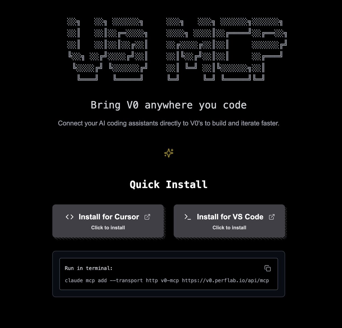 WebTwitr's tweet image. Alright, it's time.
(unofficial) V0 MCP server is now live at v0.perflab.io
Interact with V0 straight from your favourite AI Code editor.
- Start chats with V0 using your codebase for quick UI iterations
- Connect to your favourite agent to drive V0 to new places
-…