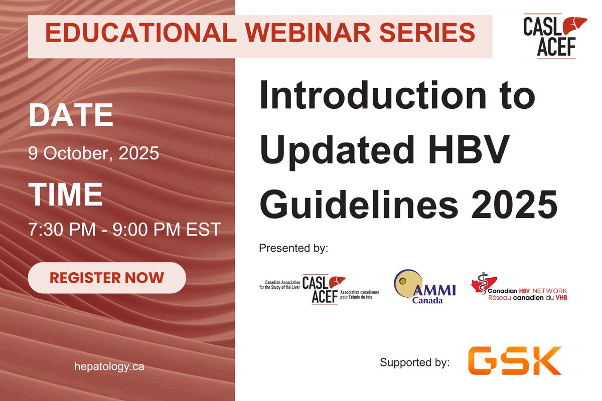 CASLupdates's tweet image. 🙌CASL Members Exclusive
Join CASL, @AMMICanada, and @CanHBVnetwork for the next session of the CASL Educational Webinar Series: Introduction to Updated HBV Guidelines 2025
🗓️ Oct 9, 2025 🕢 7:30 PM ET
Supported by @GSK
📬 Check your inbox for the invite!
#LiverHealth