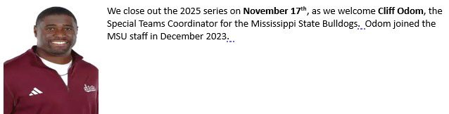 TDClubMemphis's tweet image. We close out our Fall Speaker series on November 17th with @HailStateFB assistant coach @CoachCliffOdom