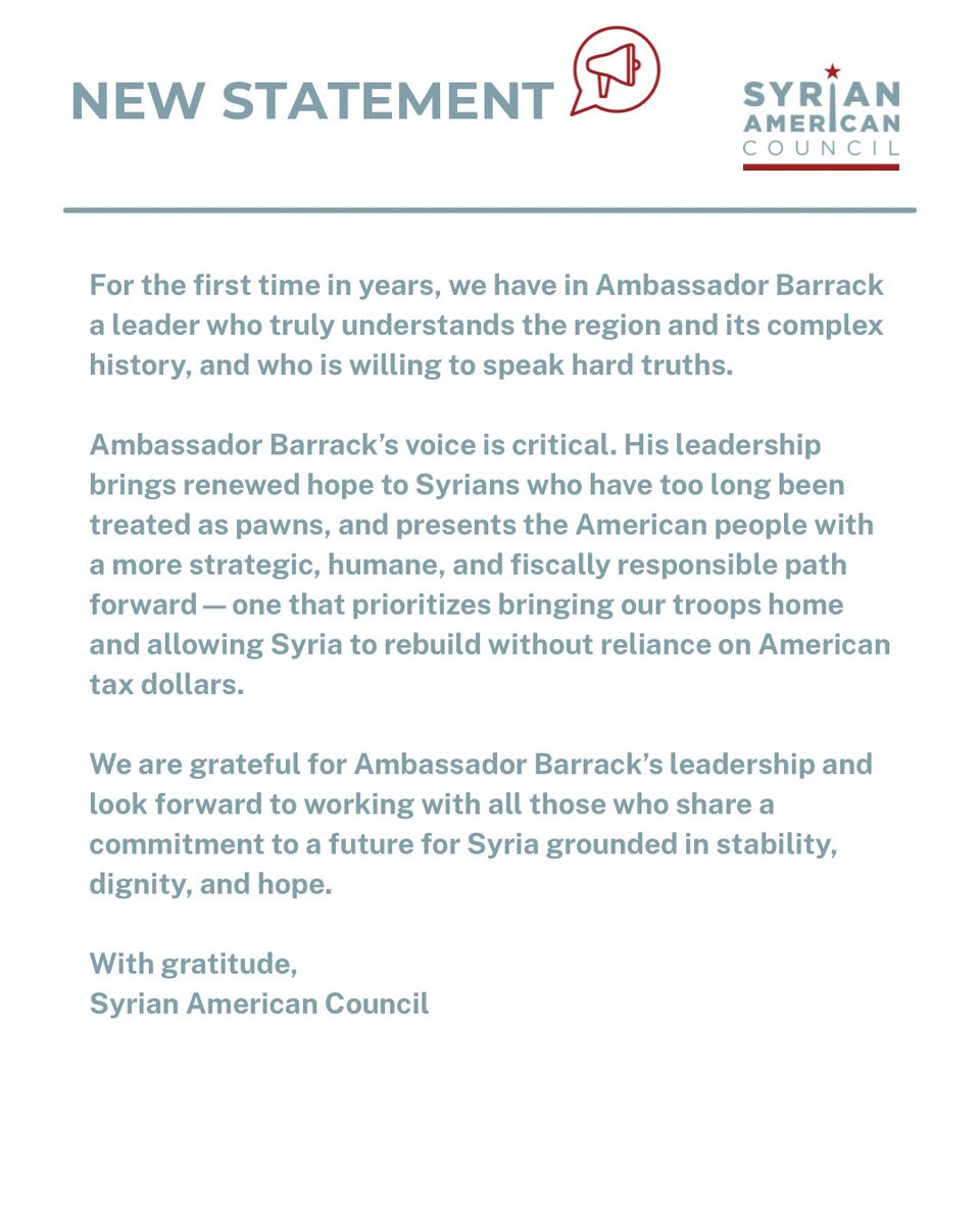 sa_council's tweet image. ‼️NEW STATEMENT‼️
The Syrian American Council extends its deep appreciation and full support for Ambassador @USAMBTurkiye principled leadership and unwavering efforts to bring clarity, pragmatism, and moral courage to U.S. policy on Syria.
Read our full statement.