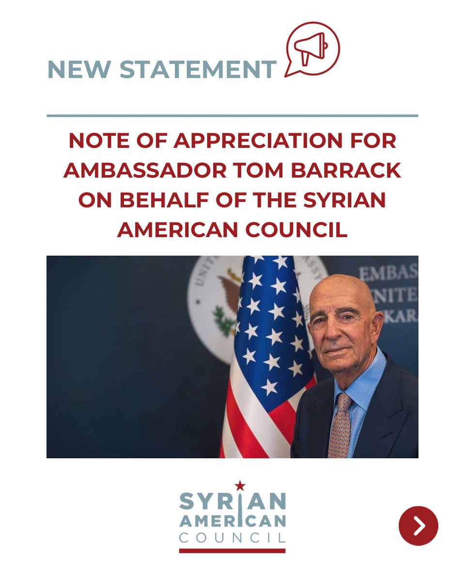 sa_council's tweet image. ‼️NEW STATEMENT‼️
The Syrian American Council extends its deep appreciation and full support for Ambassador @USAMBTurkiye principled leadership and unwavering efforts to bring clarity, pragmatism, and moral courage to U.S. policy on Syria.
Read our full statement.