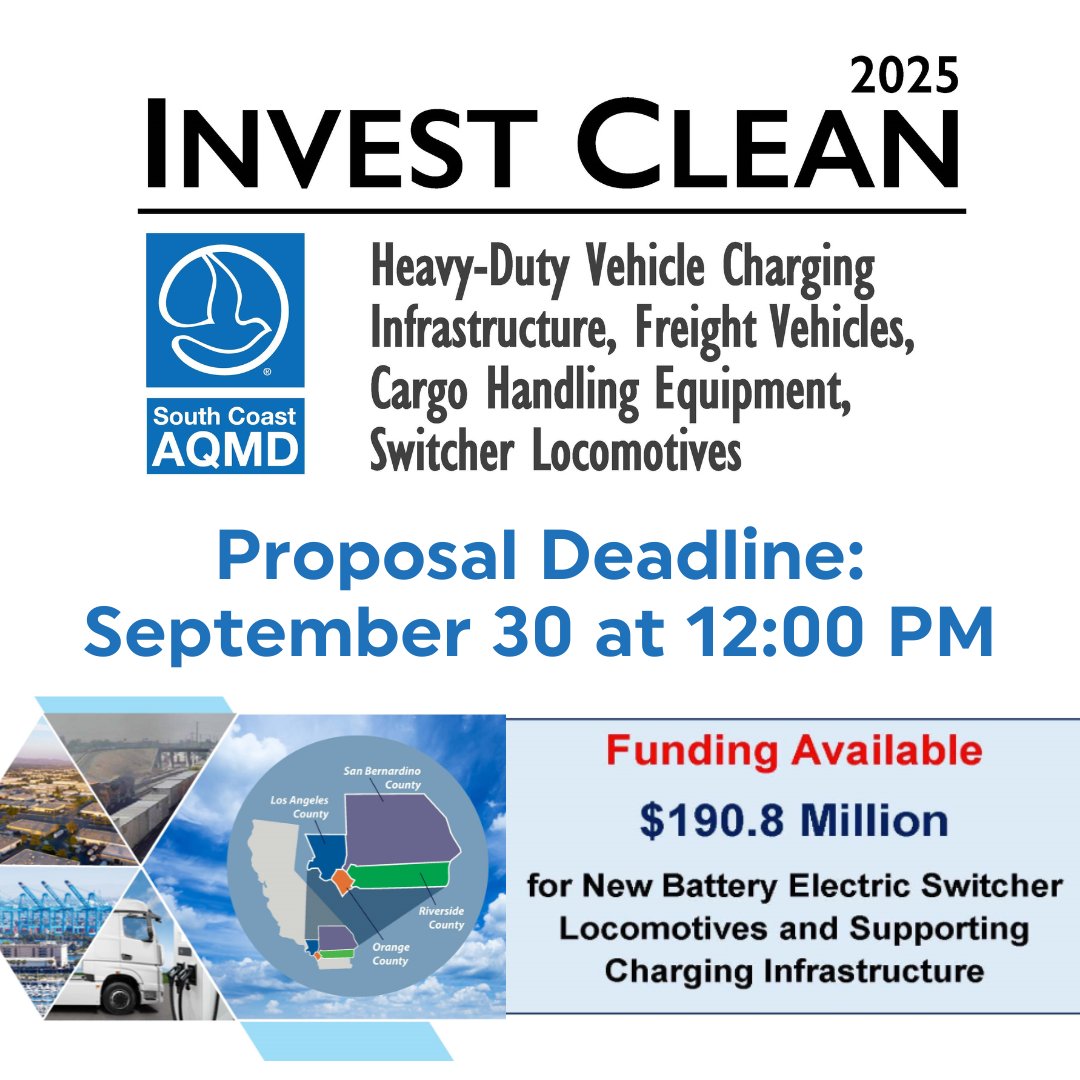 SouthCoastAQMD's tweet image. Switcher locomotive owners/operators and locomotive manufacturers partnering with rail operators can apply for funding through the INVEST CLEAN Program for Battery Electric Switcher Locomotives by the September 30th Proposal Deadline: aqmd.gov/investclean