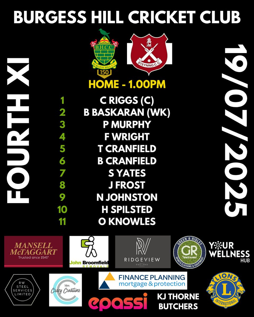 Another important set of fixtures for BHCC tomorrow. The 1s take on Pagham at SJP, the 4s are at Clayton against Steyning.

It’s away days for the 2s at Southwater, and the 3s at Scaynes Hill 🏏

'Mon the Hill!

#BurgessHill #Cricket #Sussex #SussexCricket