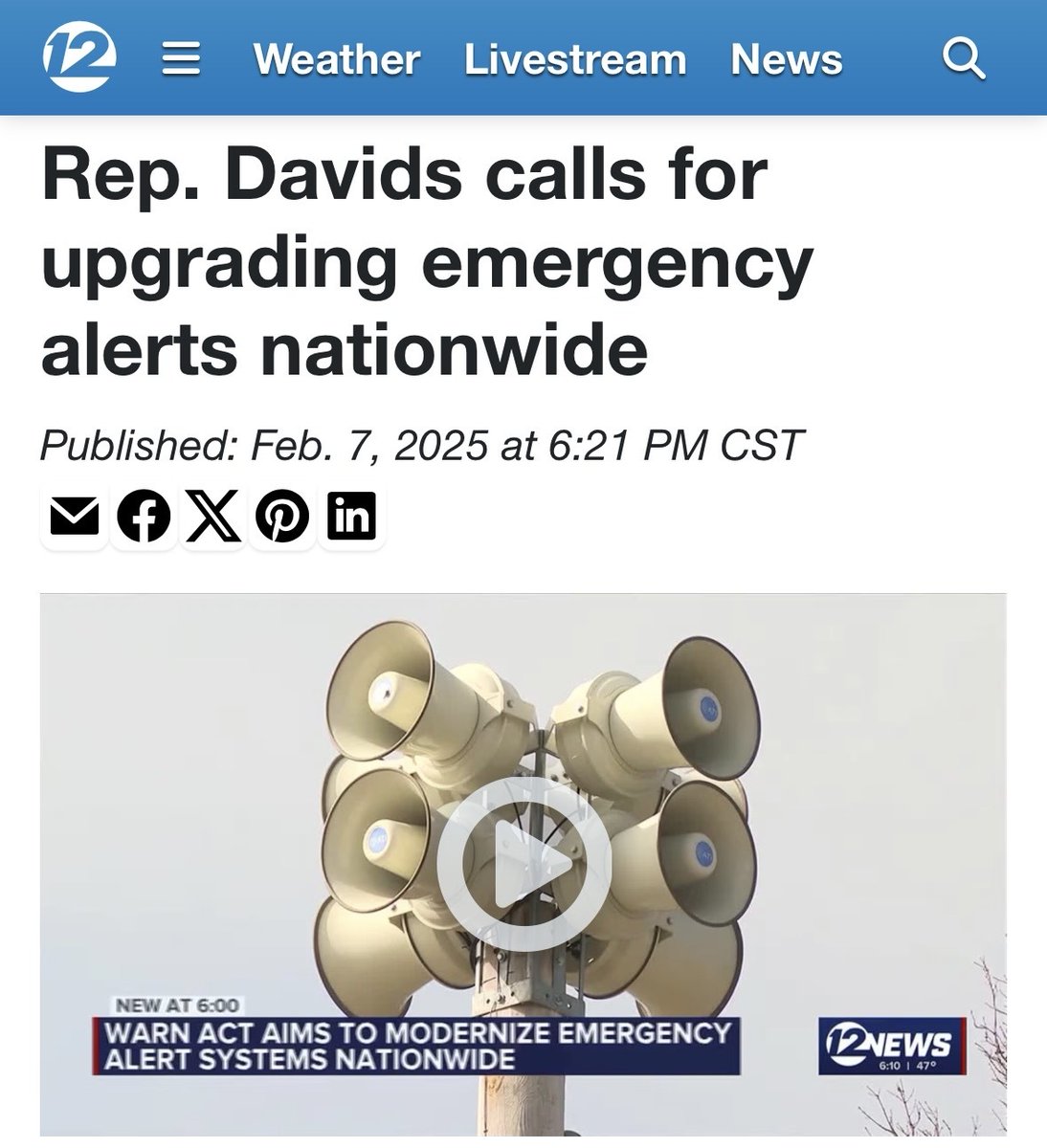 RepDavids's tweet image. When severe weather hits, Kansans need to know fast. I introduced a bill to upgrade our alert systems — because every second counts.