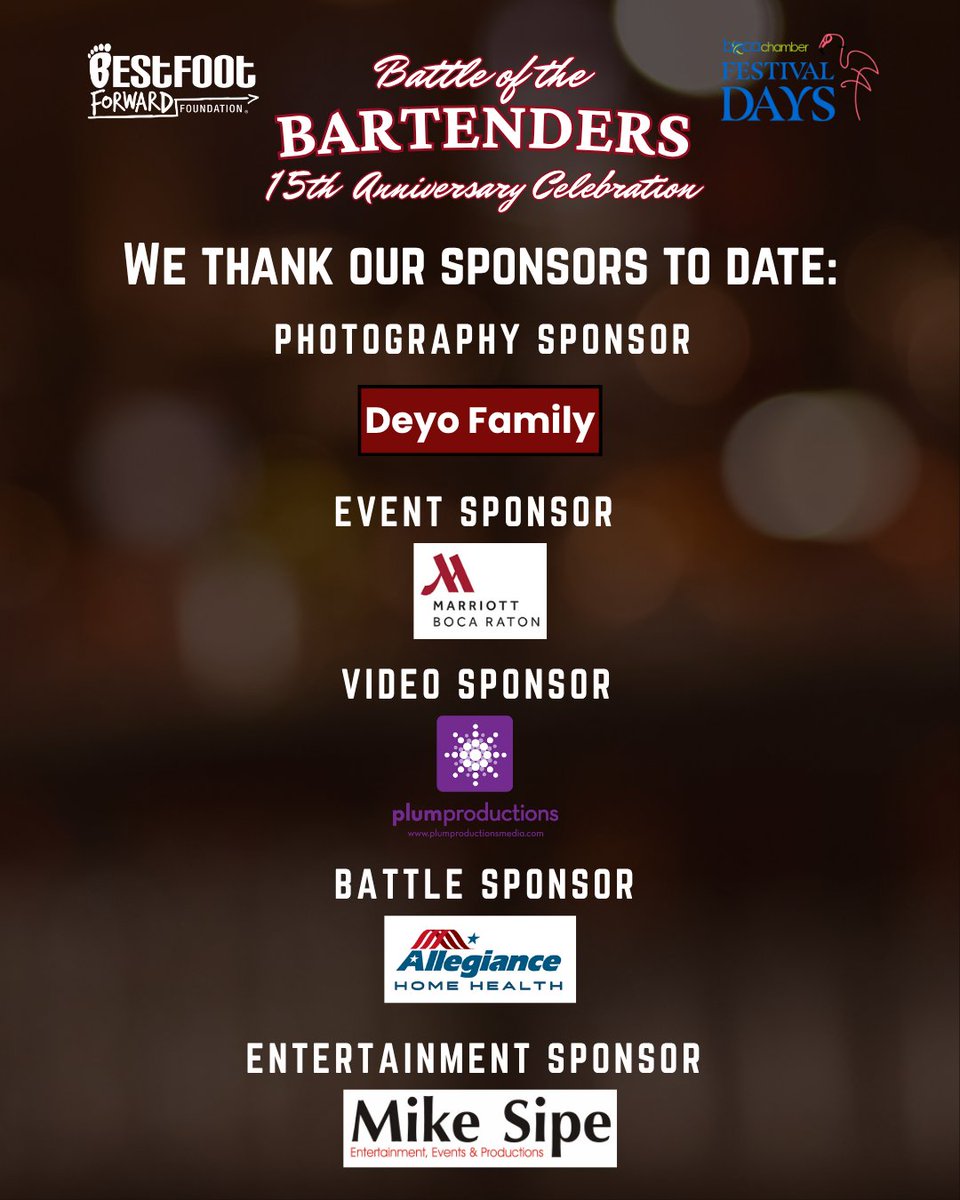 We’re so grateful to our amazing sponsors for making this year’s BFF Battle of the Bartenders one of the most exciting yet! 🎉

Want to join them? Sponsor opportunities are still available: bit.ly/4lNhDjT