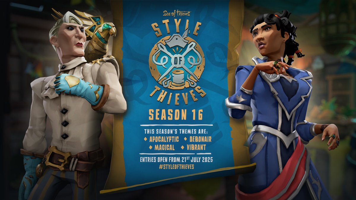 SeaOfThieves's tweet image. Season 16's #StyleOfThieves contest is right on the horizon, along with its shipment of Fashionista's Finery Gloves that you could win! From July 21st-24th, fashionable filibusters can flaunt their finest fits for this latest couture contest. Details here: seaofthieves.com/news/style-of-…