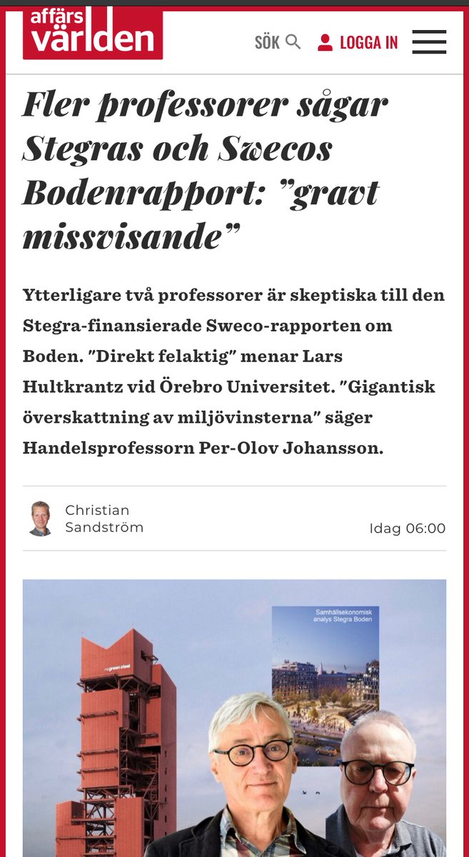 Christian Sandström (@chrissandstrom) on Twitter photo Ytterligare två professorer instämmer i kritiken av Sweco-rapporten. I <a href="/AFV_magasin/">Affärsvärlden</a>
affarsvarlden.se/artikel/fler-p… Ytterligare två professorer instämmer i kritiken av Sweco-rapporten. I <a href="/AFV_magasin/">Affärsvärlden</a>
affarsvarlden.se/artikel/fler-p…