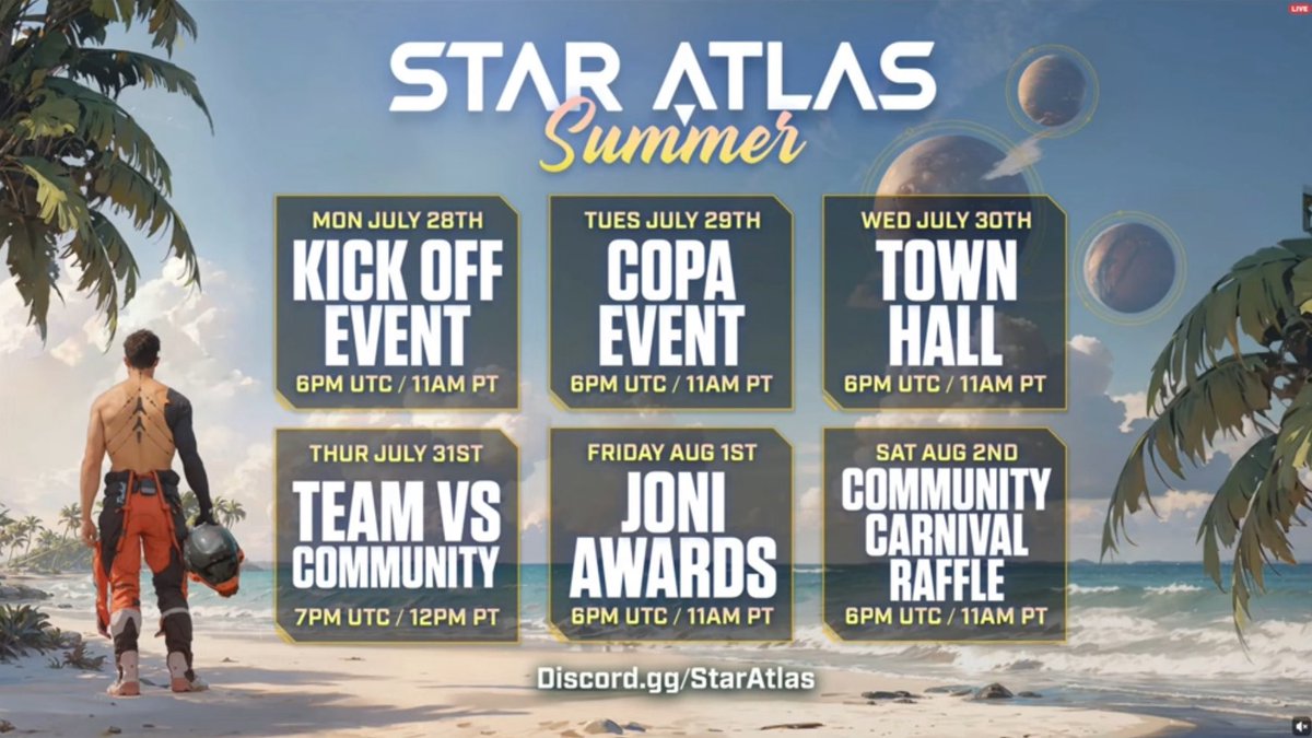 STAR ATLAS TOPLULUK HAFTASI GELİYOR
28 Temmuz - 2 Ağustos

Haftanın her günü bir etkinlik olacak. 
Birinci Town Hall da bu hafta gerçekleştirilecek.
Etkinliklere katılarak bilet kazanabileceksiniz. Bu biletlerle son gün yapılacak olan çekilişe katılabileceksiniz. 

Tüm hafta