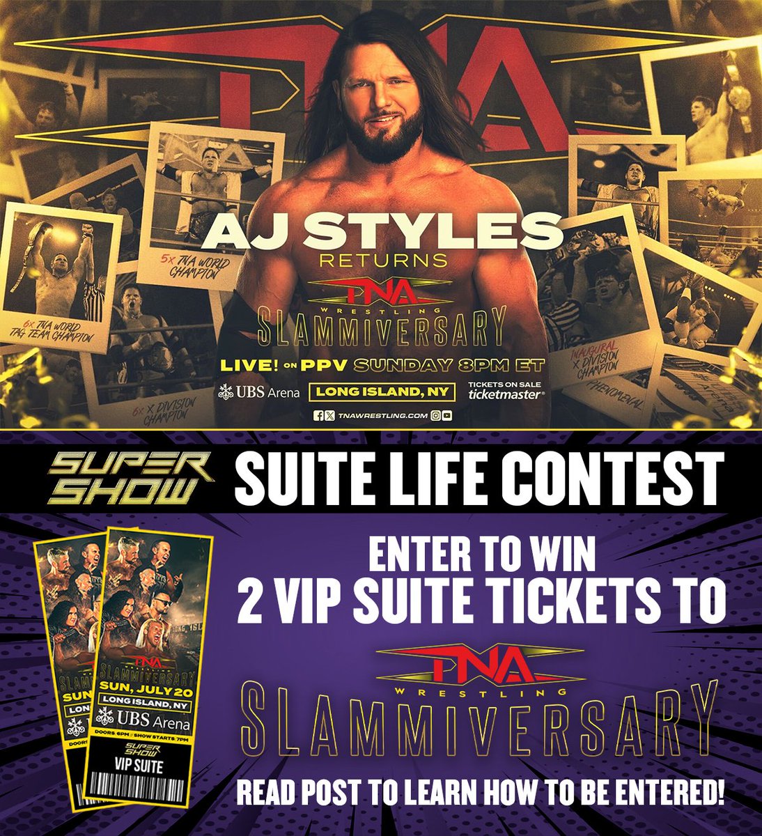 SRG Universe (@srguniverse) on Twitter photo 🚨CONTEST🚨
Want to live that SUITE LIFE with Supershow the Game!?
We are giving away two tickets in an all-inclusive SUITE to sit with us at #TNASlammiversary.
TO ENTER:
🔴 RT This Post
🔴 Comment PHENOMENAL
Don’t miss the BIGGEST show in <a href="/ThisIsTNA/">TNA Wrestling</a> history. 🚨CONTEST🚨
Want to live that SUITE LIFE with Supershow the Game!?
We are giving away two tickets in an all-inclusive SUITE to sit with us at #TNASlammiversary.
TO ENTER:
🔴 RT This Post
🔴 Comment PHENOMENAL
Don’t miss the BIGGEST show in <a href="/ThisIsTNA/">TNA Wrestling</a> history.