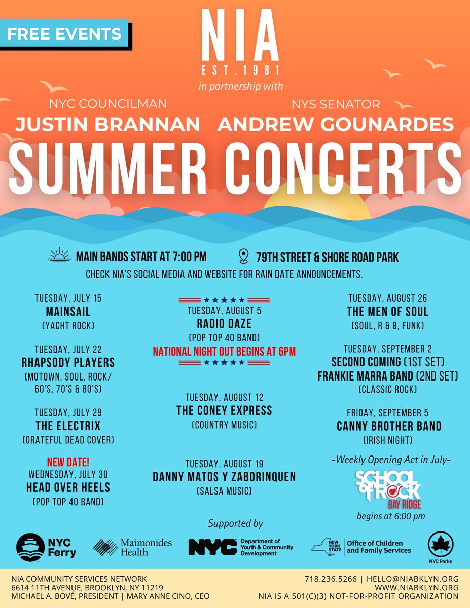 Sen_Gounardes's tweet image. Head Over Heels has been rescheduled for Wednesday, July 30th. Come check them out along with all of the other amazing acts we have on the calendar through the rest of the summer!