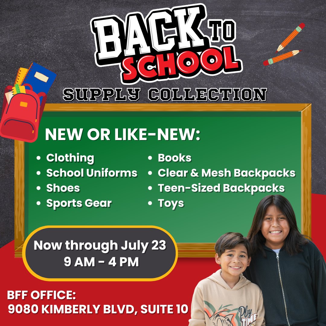 Our Back-to-School Collection Drive is ending tomorrow and we could use your help to reach our goal!
🛒 Some items can also be found on our Amazon Wish List here: a.co/5yOd5Cp
Let’s finish strong and make sure every child feels excited for the new school year!