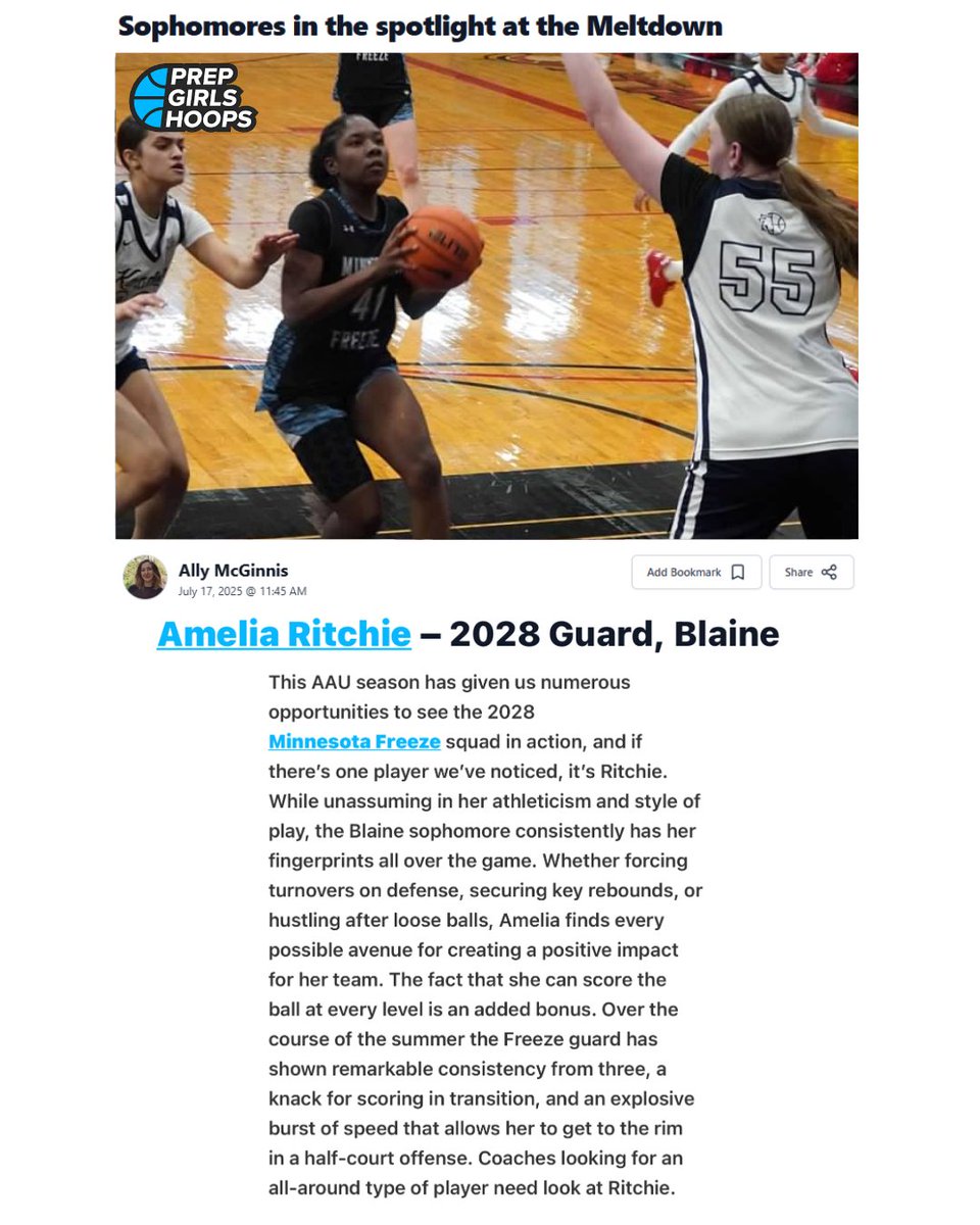 Minnesota Freeze Girl’s Basketball (@mn_freeze_bball) on Twitter photo Big time summer for <a href="/RitchieAme8888/">Amelia Ritchie</a> ! Love this writeup on her as <a href="/AllyMcGinnis2/">Ally</a> highlighted all of the ways she CONSISTENTLY affects the game. Keep it going Amelia!! @ericjrallstar @prepgirlshoops <a href="/GMacHoops/">Grant McGinnis</a> <a href="/BlaineGbb/">Blaine Girls Basketball</a> Big time summer for <a href="/RitchieAme8888/">Amelia Ritchie</a> ! Love this writeup on her as <a href="/AllyMcGinnis2/">Ally</a> highlighted all of the ways she CONSISTENTLY affects the game. Keep it going Amelia!! @ericjrallstar @prepgirlshoops <a href="/GMacHoops/">Grant McGinnis</a> <a href="/BlaineGbb/">Blaine Girls Basketball</a>