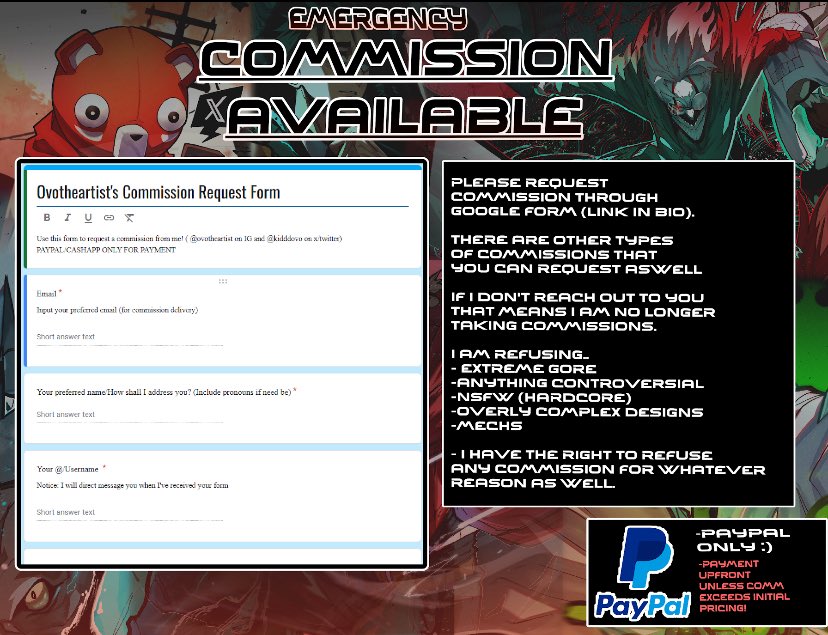 kidddovo's tweet image. ‼️🚨EMERGENCY COMMISSIONS‼️🚨

Hello! I am opening commissions again as I do need help financially with bills and other expenses that has come my way throughout this tough year. 

I even made A Commission Request form for commissions with a lot more options than what is shown.