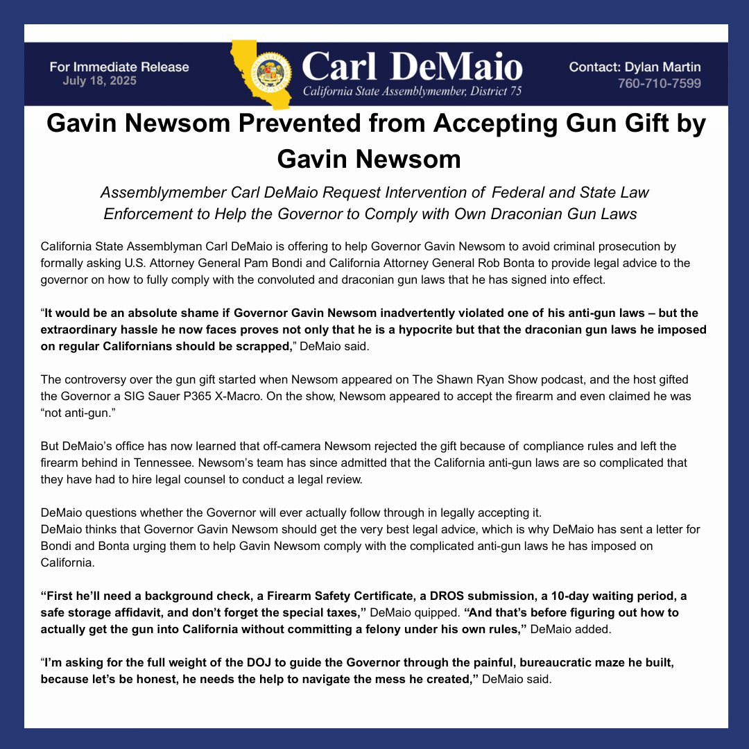 AsmDeMaioOffice's tweet image. CA State Asm. Carl DeMaio formally requests the intervention of the Federal and State law enforcement to help the Governor comply with the gun laws he created.