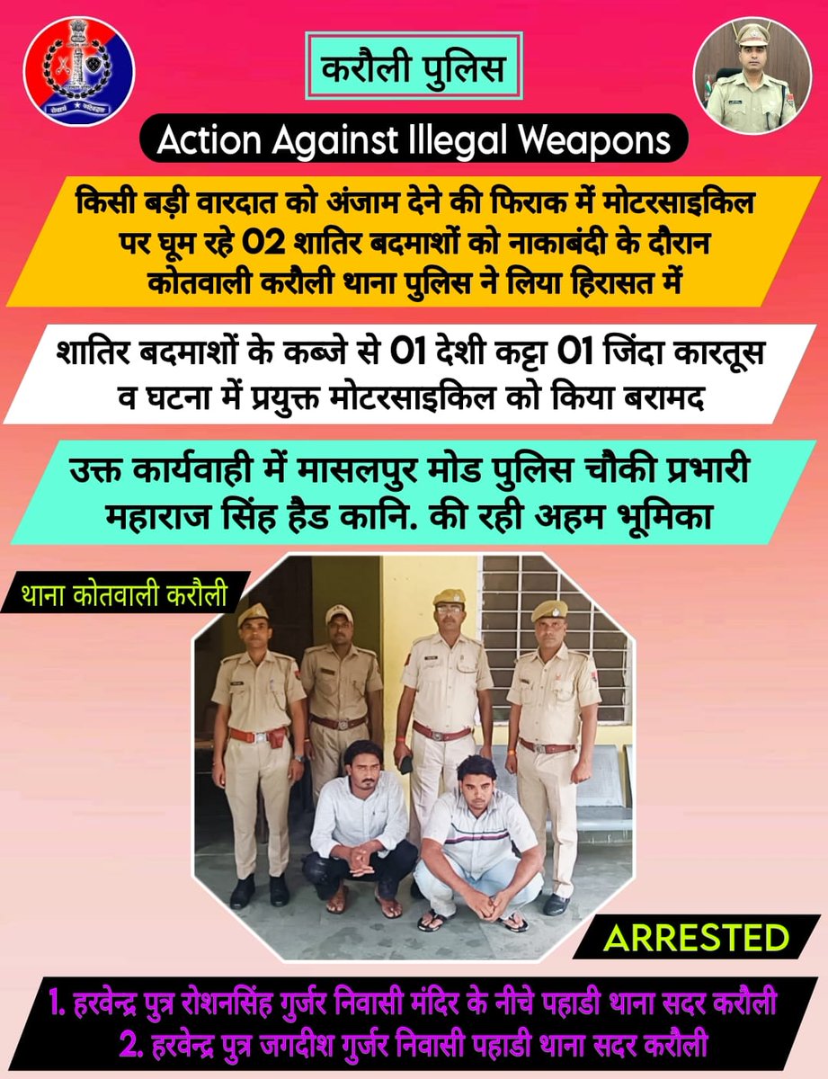 Karauli Police (@karaulipolice) on Twitter photo ЁЯТардХрд┐рд╕реА рдмрдбрд╝реА рд╡рд╛рд░рджрд╛рдд рдХреЛ рдЕрдВрдЬрд╛рдо рджреЗрдиреЗ рдХреА рдлрд┐рд░рд╛рдХ рдореЗрдВ рдореЛрдЯрд░рд╕рд╛рдЗрдХрд┐рд▓ рдкрд░ рдШреВрдо рд░рд╣реЗ 02 рд╢рд╛рддрд┐рд░ рдмрджрдорд╛рд╢реЛрдВ рдХреЛ рдирд╛рдХрд╛рдмрдВрджреА рдХреЗ рджреМрд░рд╛рди рдХреЛрддрд╡рд╛рд▓реА рдХрд░реМрд▓реА рдерд╛рдирд╛ рдкреБрд▓рд┐рд╕ рдиреЗ рд▓рд┐рдпрд╛ рд╣рд┐рд░рд╛рд╕рдд рдореЗрдВред
ЁЯТард╢рд╛рддрд┐рд░ рдмрджрдорд╛рд╢реЛрдВ рдХреЗ рдХрдмреНрдЬреЗ рд╕реЗ 01рджреЗрд╢реА рдХрдЯреНрдЯрд╛ 01рдЬрд┐рдВрджрд╛ рдХрд╛рд░рддреВрд╕ рд╡ рдШрдЯрдирд╛ рдореЗрдВ рдкреНрд░рдпреБрдХреНрдд рдореЛрдЯрд░рд╕рд╛рдЗрдХрд┐рд▓ рдХреЛ рдХрд┐рдпрд╛ рдмрд░рд╛рдорджред
ЁЯТардорд╛рд╕рд▓рдкреБрд░ рдореЛрдб рдкреБрд▓рд┐рд╕ рдЪреМрдХреА ЁЯТардХрд┐рд╕реА рдмрдбрд╝реА рд╡рд╛рд░рджрд╛рдд рдХреЛ рдЕрдВрдЬрд╛рдо рджреЗрдиреЗ рдХреА рдлрд┐рд░рд╛рдХ рдореЗрдВ рдореЛрдЯрд░рд╕рд╛рдЗрдХрд┐рд▓ рдкрд░ рдШреВрдо рд░рд╣реЗ 02 рд╢рд╛рддрд┐рд░ рдмрджрдорд╛рд╢реЛрдВ рдХреЛ рдирд╛рдХрд╛рдмрдВрджреА рдХреЗ рджреМрд░рд╛рди рдХреЛрддрд╡рд╛рд▓реА рдХрд░реМрд▓реА рдерд╛рдирд╛ рдкреБрд▓рд┐рд╕ рдиреЗ рд▓рд┐рдпрд╛ рд╣рд┐рд░рд╛рд╕рдд рдореЗрдВред
ЁЯТард╢рд╛рддрд┐рд░ рдмрджрдорд╛рд╢реЛрдВ рдХреЗ рдХрдмреНрдЬреЗ рд╕реЗ 01рджреЗрд╢реА рдХрдЯреНрдЯрд╛ 01рдЬрд┐рдВрджрд╛ рдХрд╛рд░рддреВрд╕ рд╡ рдШрдЯрдирд╛ рдореЗрдВ рдкреНрд░рдпреБрдХреНрдд рдореЛрдЯрд░рд╕рд╛рдЗрдХрд┐рд▓ рдХреЛ рдХрд┐рдпрд╛ рдмрд░рд╛рдорджред
ЁЯТардорд╛рд╕рд▓рдкреБрд░ рдореЛрдб рдкреБрд▓рд┐рд╕ рдЪреМрдХреА
