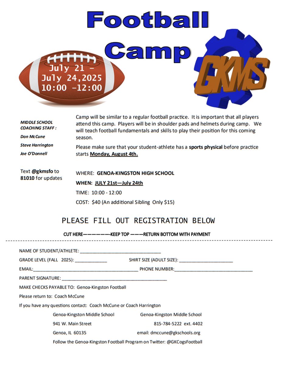 GK Middle School Football Camp begins this upcoming Monday!  Camp is open to all 7th &amp; 8th grade students from both GK and Hiawatha school districts who plan to play Football for the GKMS coop team this upcoming Fall season!  Note that the camp will take place at GKHS.
#gkcogs