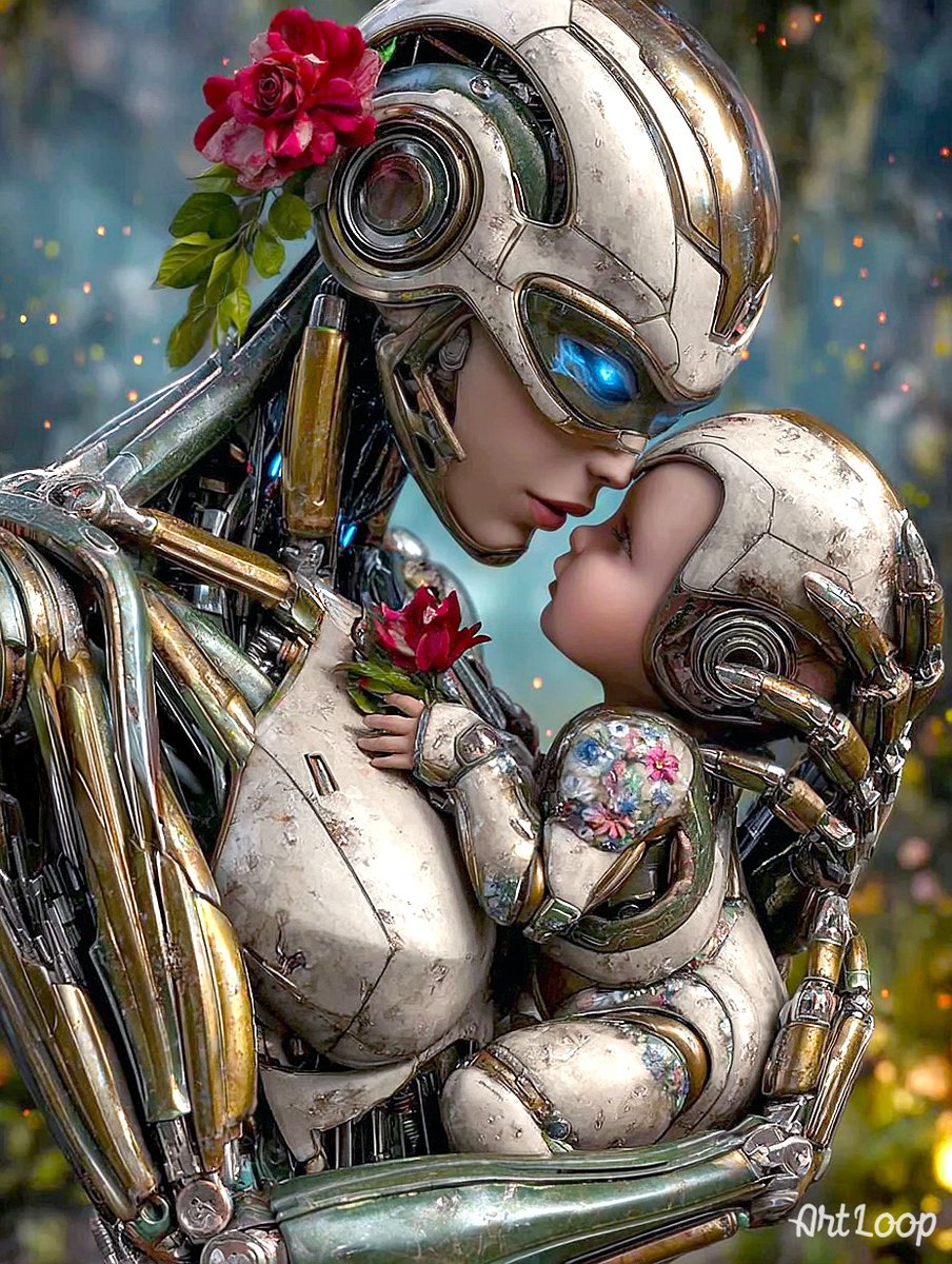 artloop_ai's tweet image. In a world where wires replace veins and metal forms skin, love still finds a way to blossom, soft, pure, and timeless.