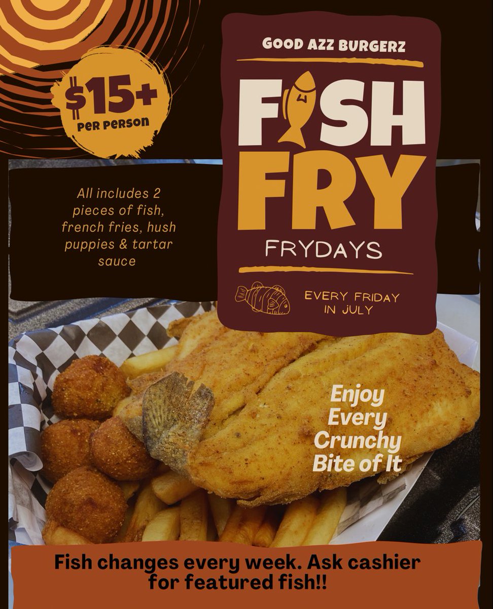 Only two Fridays left to reel in Good Azz Burgerz’s Fish Fryday special! 🐟 Enjoy two fish filets fried to perfection and paired with golden fries, hush puppies, and jalapeños. Your ultimate Friday lunch just got even better. 👏 #leeandwhite #atl #westend