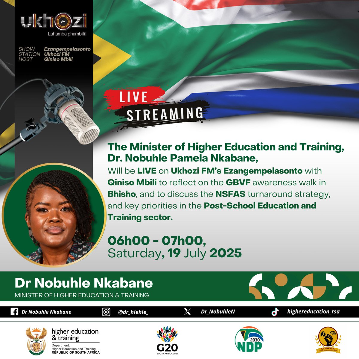 CETA (@cetaskillsdev) on Twitter photo Join the conversation!
Minister of Higher Education and Training, <a href="/Dr_NobuhleN/">Dr Nobuhle Nkabane</a> will be live on <a href="/ukhozi_fm/">Ukhozi FM Official 📻</a> this Saturday from 06h00–07h00.
Minister will reflect on the GBVF awareness walk in Bhisho, the NSFAS turnaround strategy, and broader priorities in the Post-School Join the conversation!
Minister of Higher Education and Training, <a href="/Dr_NobuhleN/">Dr Nobuhle Nkabane</a> will be live on <a href="/ukhozi_fm/">Ukhozi FM Official 📻</a> this Saturday from 06h00–07h00.
Minister will reflect on the GBVF awareness walk in Bhisho, the NSFAS turnaround strategy, and broader priorities in the Post-School